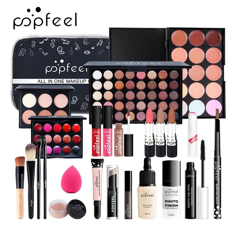 Cosmetics Kit Eyeshadow Lipstick Eyebrow Pencil Lip Gloss Makeup Brush Powder Puff with Makeup Bag