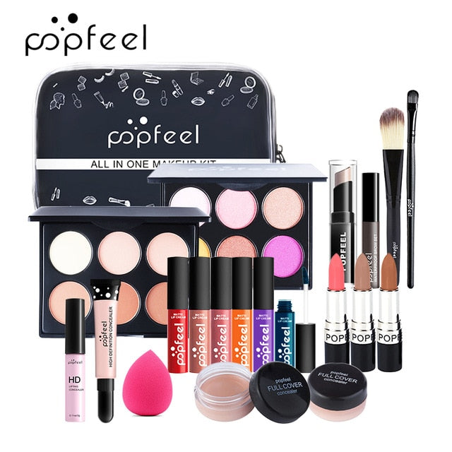 Cosmetics Kit Eyeshadow Lipstick Eyebrow Pencil Lip Gloss Makeup Brush Powder Puff with Makeup Bag