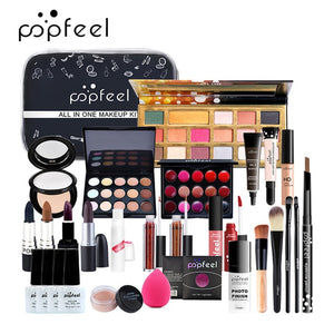 Cosmetics Kit Eyeshadow Lipstick Eyebrow Pencil Lip Gloss Makeup Brush Powder Puff with Makeup Bag