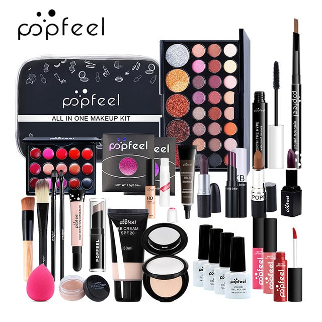 Cosmetics Kit Eyeshadow Lipstick Eyebrow Pencil Lip Gloss Makeup Brush Powder Puff with Makeup Bag