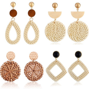 Bamboo Strip Straw Ear Stud Hot Wooden Handmade Rattan Earrings for Women